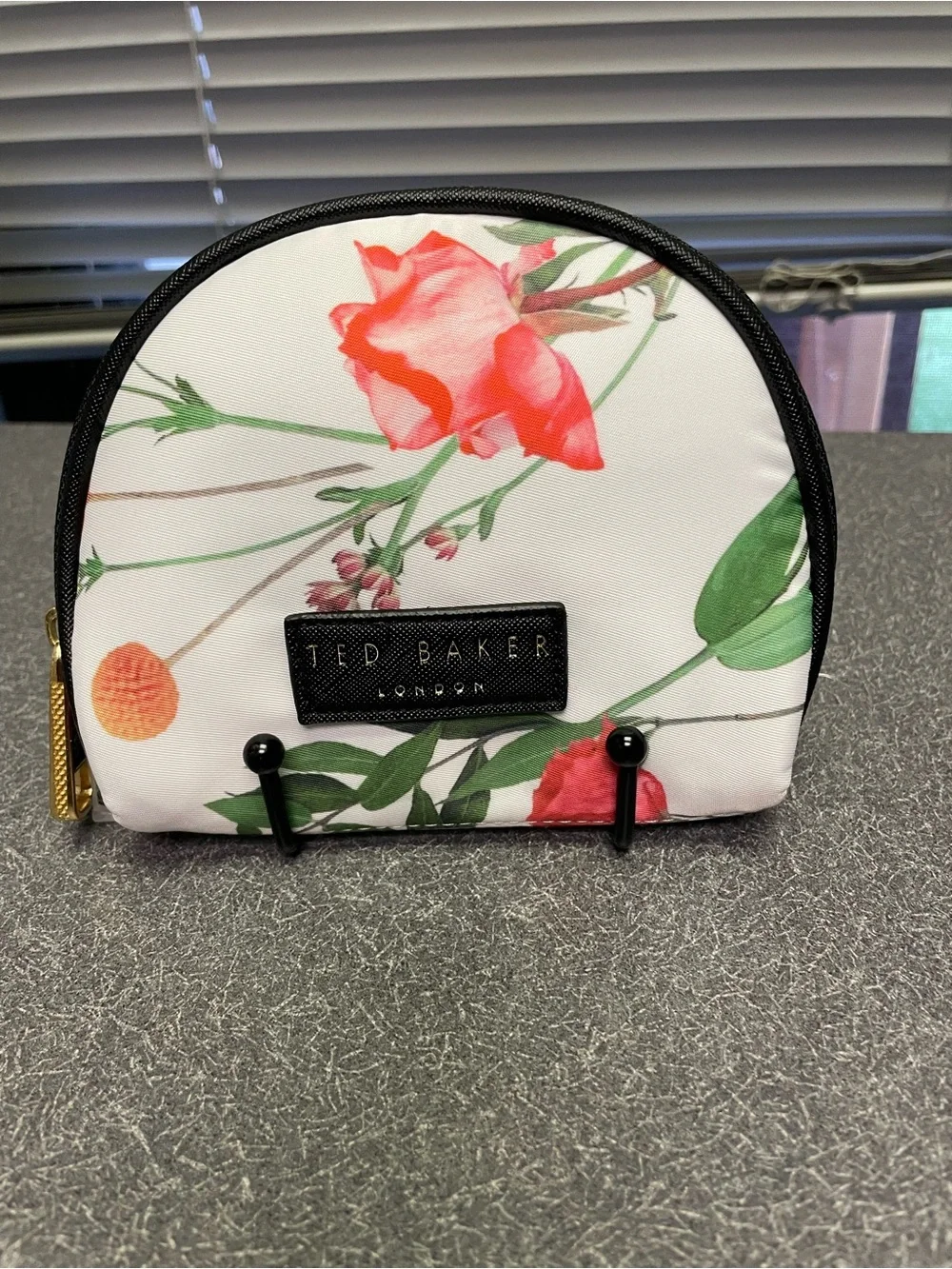 Ted Baker White Floral Zip Cosmetic Pouch with Black Trim